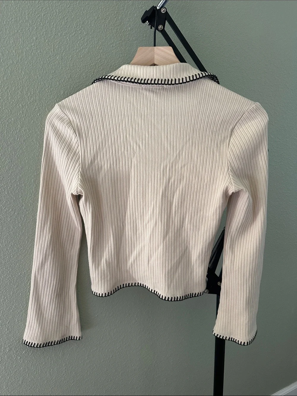 Reformation Cream Ribbed V-Neck collared sweater